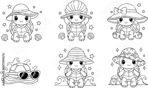 Cute beach turtle characters wearing sun hats shells smiling looking at camera in coloring page style set with seashells stars and playful summer mood simple outline
