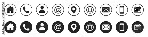 Contact symbols. Contact us web icon set. Address, phone number, name, home, mail, website, location