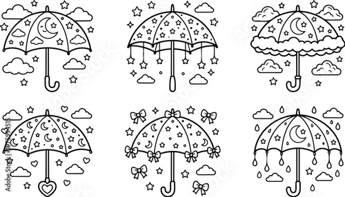Whimsical line art umbrella icons with crescent moon stars hearts bows and raindrops six simple black outline variations close up flat graphic set for children designs