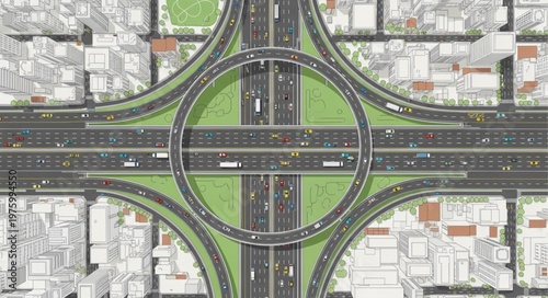 Aerial View of a Complex Road Interchange with Circular Overpass.