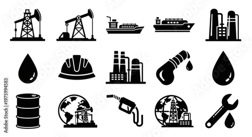 Oil Industry Icons - Depicting Extraction, Transportation, and Processing.