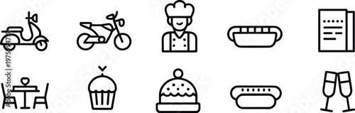 Restaurant cafe line icons set, food delivery transport symbols, chef cooking elements, dining menu collection, culinary vector illustration pack