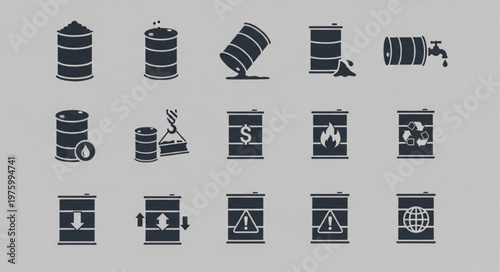 Oil Barrel Icons - Crude Oil, Fuel, and Industrial Storage.