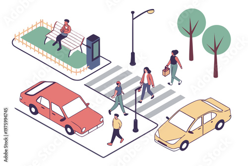 People walking across the street using a pedestrian crossing while cars wait patiently in this detailed isometric vector graphic design
