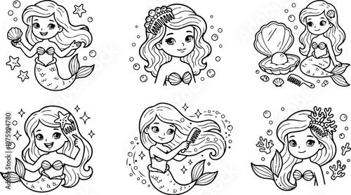 Cute vector mermaid characters combing long hair holding seashells sitting near open clam pearl underwater coloring book page line art set for kids and children creative activity fun
