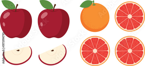 Set of apple and grapefruit fruits with slices flat vector collection of fresh healthy food elements for grocery design illustration