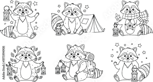 Cute smiling raccoon holding lantern sitting with camping tent and wearing scarf backpack vector art for children coloring book pages with stars and leaves illustrations