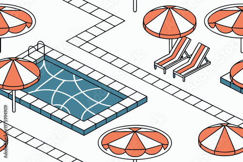 Seamless vector graphic pattern featuring isometric swimming pools with sun loungers and decorative umbrellas for summer vacation design project concepts