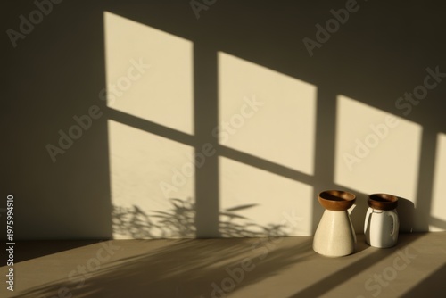 Ceramic Vases with Wood Lids and Window Shadow Pattern Minimalist Interior Decor