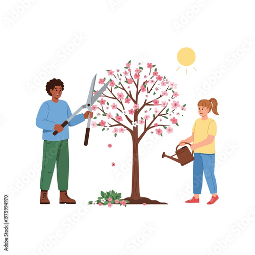 People pruning and watering flowering tree in sunny spring garden for landscaping