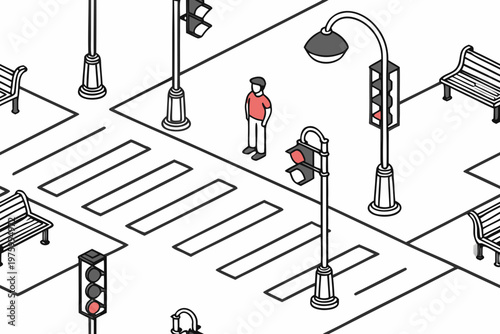 Minimalist isometric vector illustration of a person waiting patiently at a city crosswalk with red traffic signals and benches
