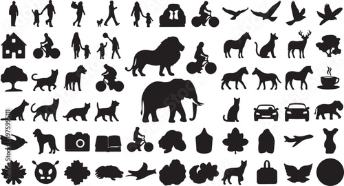 Photography Black silhouette icon set with 60 vector elements, diverse collection of animal
