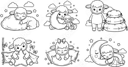 Cute lamb sleeping on cloud and moon cuddling baby lamb with stars clouds around in coloring book style set of six adorable sheep illustrations for children and bedtime stories