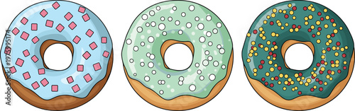 Colorful Glazed Donuts with Sprinkles and Icing for Dessert, Bakery, and Sweet Treat Designs