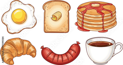 Delicious Breakfast Meal with Fried Egg, Toast, Pancakes, Croissant, Sausage, and Coffee for Morning Feast