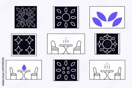 A curated collection of nine diverse vector graphic illustrations featuring minimalist dining setups and abstract decorative patterns perfect for design projects.