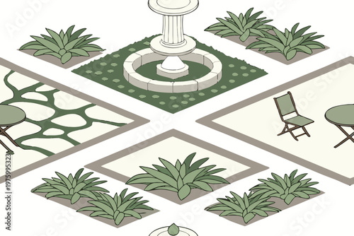 Isometric vector illustration of a peaceful garden courtyard with a central stone fountain surrounded by stylish plants and furniture