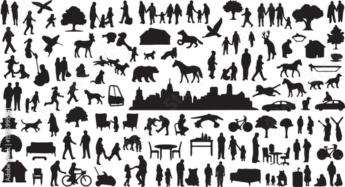 Black silhouette mega set of people, animals and city life elements. Large collection of human figures, domestic pets, wild fauna and urban landscape icons.