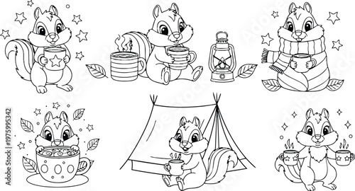 Cute cartoon chipmunks holding steaming cups with stars sitting near lantern and tent surrounded by leaves and stars in black and white coloring book style illustration
