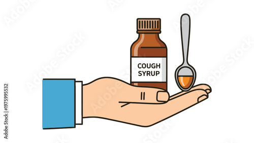 Vector illustration of a hand holding a brown cough syrup bottle and a spoon with liquid medicine for health care and illness treatment.