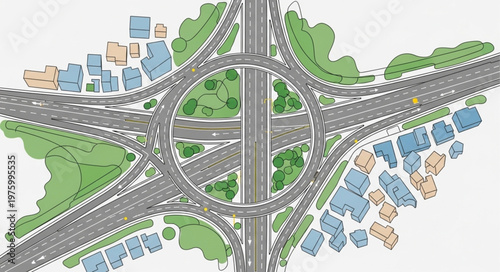 Aerial View of a Complex Highway Interchange with Green Spaces.