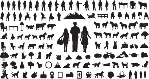 Halloween silhouette collection with spooky pumpkins and bats, black witch hat icons and devil shapes, 15 vector elements for holiday party invitations