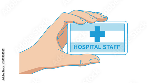 Close-up of a human hand holding a blue and white identification card for hospital staff, featuring a medical cross symbol on a clean white background.