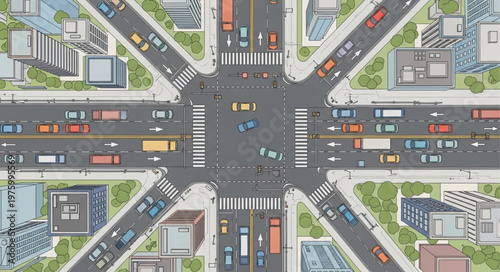 Aerial View of a Busy City Intersection with Traffic.