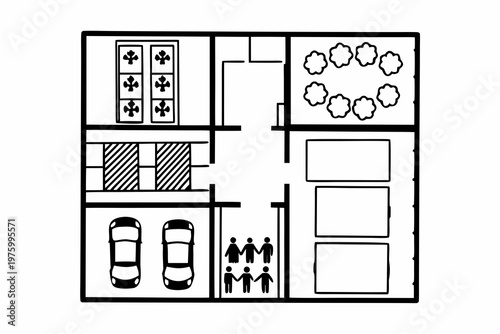 Professional architectural vector illustration showing a detailed top down floor plan of a modern residential house with various interior rooms