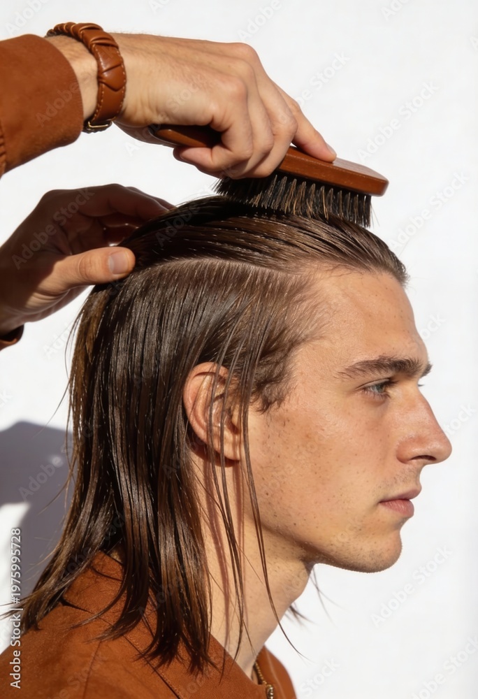 Naklejka premium Vertical photo of a young man with long wet hair being styled. Professional grooming with a wooden brush. Side profile of male model in brown jacket against white background