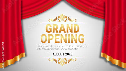 A grand opening event announcement poster framed by elegant red curtains with golden accents