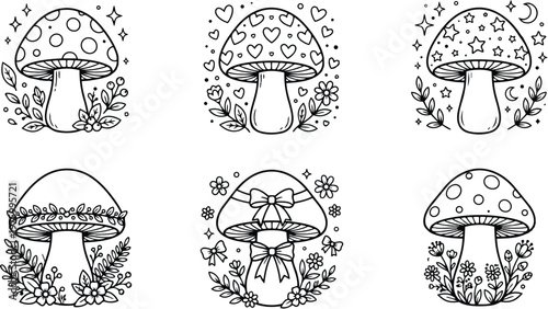 Black and white line art mushroom coloring book page set with floral and decorative elements including hearts stars moons and bows for kids and adults creative activity