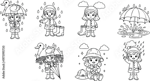 Cute girl in raincoat and boots holding umbrella with duck on top and playing in puddles with cheerful expressions for coloring book pages