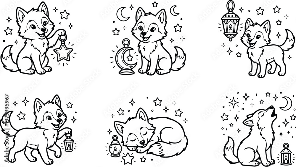 Obraz premium Cute wolf puppy holding star lantern sitting smiling with moon lantern howling and sleeping surrounded by stars night magical vector art for coloring book pages