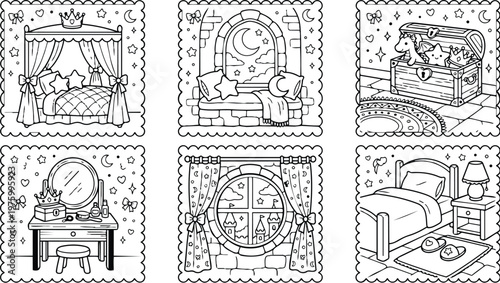 Black and white coloring book page set with princess bed canopy window bench chest toys makeup vanity mirror castle round window slippers night lamp cozy interior scene line art