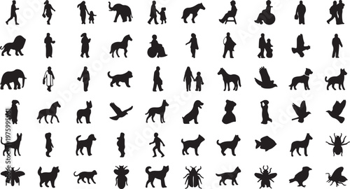 Black silhouette icons of people and animals, 60 vector elements set of human figures and wildlife creatures, diverse collection of nature and urban life