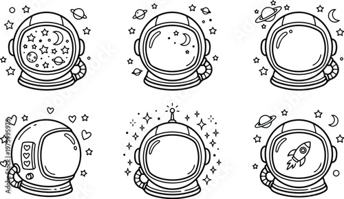 Collection of six coloring book style outlined astronaut helmets with stars hearts planets crescent moons and rocket ship space theme simple line art black and white illustrations set
