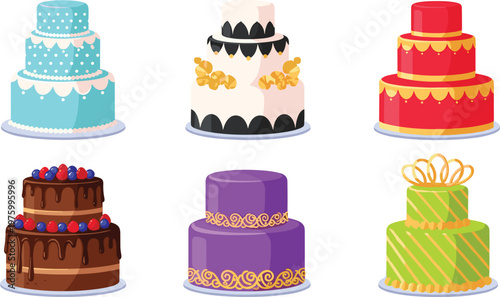 Set of decorative celebration cakes in flat vector style colorful dessert collection for birthday wedding party and bakery design illustration