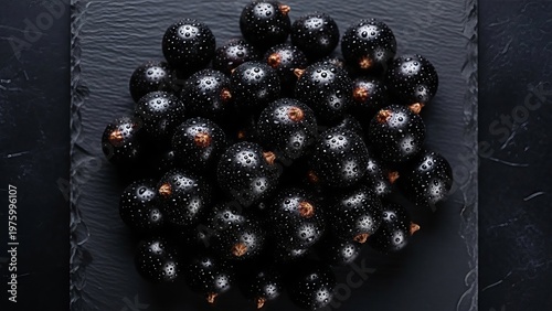 Captivating cluster of fresh black currants with glistening droplets against dark backdrop