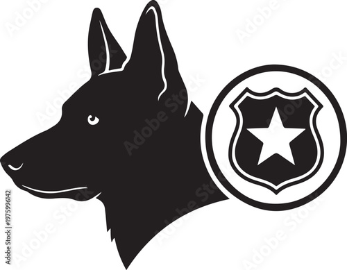 Police dog silhouette with badge emblem police car enforcement security silhouette illustration domestic protection official authority detective handcuffs