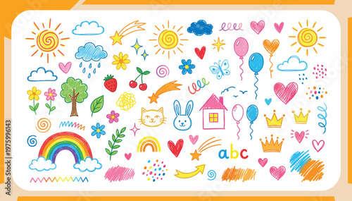 Large Collection of Cute Hand Drawn Kid Doodles with Crayon Texture Featuring Rainbow, Sun, Clouds, Hearts, Animals and Flowers Vector Illustration Set for Children Design