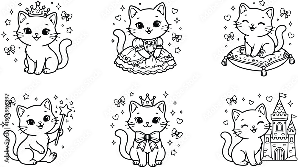 Obraz premium Cute princess cat with crown and bow sitting with stars magic wands and castle black and white coloring book pages set for children fun drawing activity