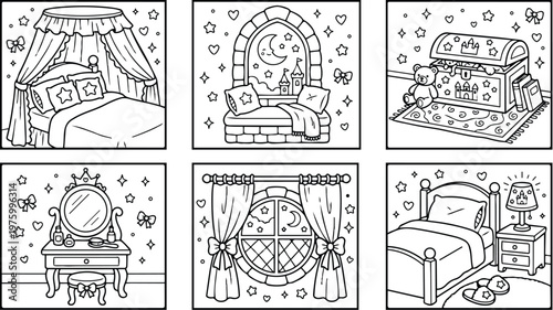 Hand drawn coloring book pages with princess bedroom scene including canopy bed with pillows window seat chest with teddy bear vanity table circular window and bedside lamp in outline style