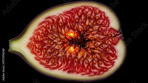Captivating cross-section of a ripe fig exhibiting its intricate internal structure with vivid