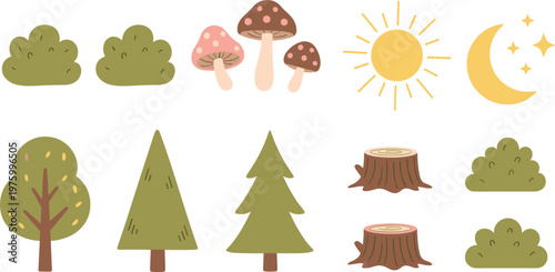Set of forest nature elements with trees bushes mushrooms sun moon and stumps flat vector collection for landscape design illustration