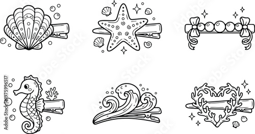 Black and white sea themed hair clips set with shell starfish pearls seahorse wave and coral heart designs for coloring book page art style illustrations collection