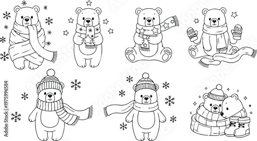 Cute smiling bears wrapped in scarves and winter hats with mittens and snowflakes cartoon pets with boots hugging in cozy cold weather themed line art coloring book set