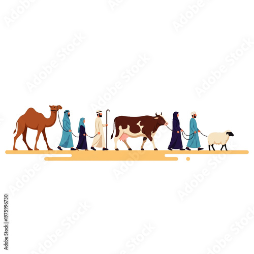 Vector flat design illustration of a nomadic family with camel, cow, and sheep in a desert landscape