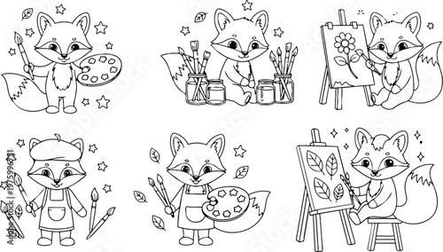 Cute cartoon fox coloring book pages with artist tools painting easel brushes palette and beret in simple black and white outline style for kids activity