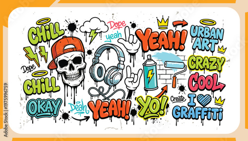 Colorful Graffiti Art Element Set Featuring Skull with Red Cap, Headphones, Spray Cans and Urban Street Style Slang Words for T-shirt and Poster Vector Illustration